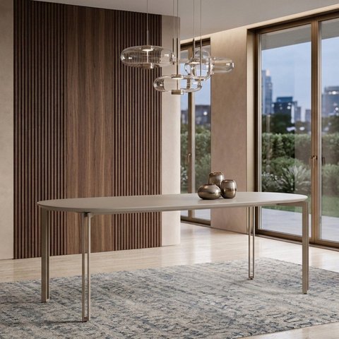 Mesa para Sala de Jantar Tampo com Vidro/MDF 200cm Base Metal Champanhe Mayra