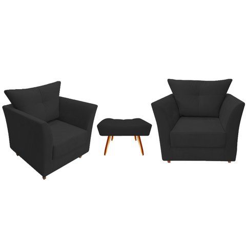 Kit 2 Poltronas Decorativa Isis + Puff Retangular Couro Preto Pés Madeira Ms Decor
