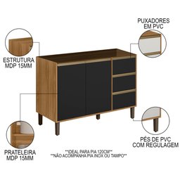 Balcão Gabinete para Pia 120cm sem Tampo Piazza P14 Nature/preto Fosco - Mpozenato - 3 Balcão Gabinete para Pia 120cm sem Tampo Piazza P14 Nature/preto Fosco - Mpozenato - 3