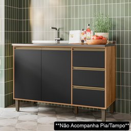 Balcão Gabinete para Pia 120cm sem Tampo Piazza P14 Nature/preto Fosco - Mpozenato - 2 Balcão Gabinete para Pia 120cm sem Tampo Piazza P14 Nature/preto Fosco - Mpozenato - 2