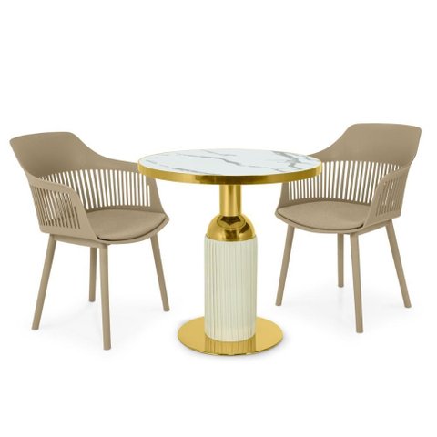 Conjunto Mesa de Jantar Redonda Imperial 70cm Branca com 2 Cadeiras Estofadas Marcela - Nude Escuro