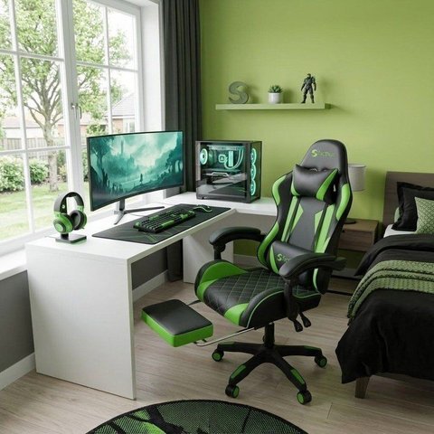 Cadeira Gamer Reclinável com Apoio para Pés Linha Super Pro Preto/Verde