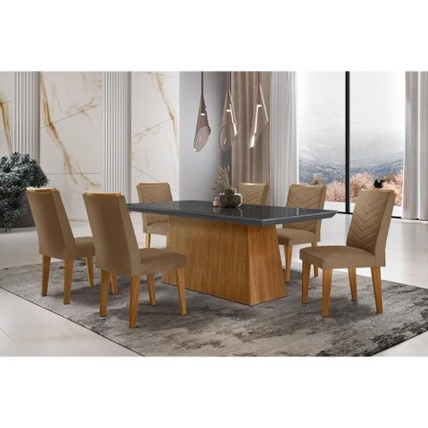 Conjunto: Mesa Sala Jantar Luna C/ Tampo de Vidro Canto Curvo 180x90cm e 6 Cadeiras Londrina Imbuia/