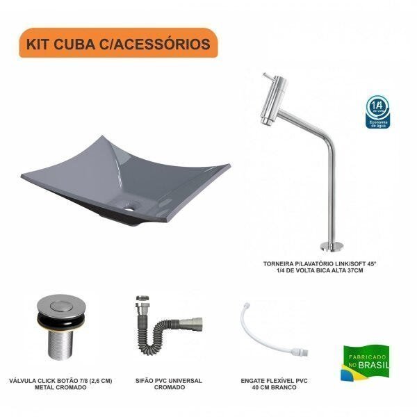 Kit Cuba L38 C/Torneira Link 1062 Metal + Válvula Click 1"B (2,6cm) + Sifão Cromado + Flexível Comp - 3