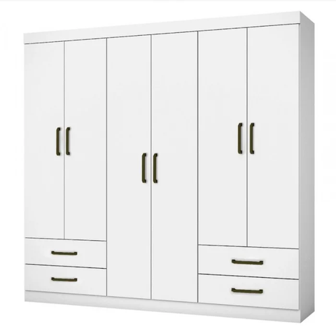Guarda Roupa Solteiro Hercules 6 Portas 4 Gavetas sem Espelho Carioca Moveis Branco