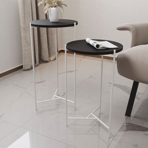 Trio Mesa Lateral Industrial Isabella para Sala Quarto Sofá Apoio Decor com Tampo Preto - Preto