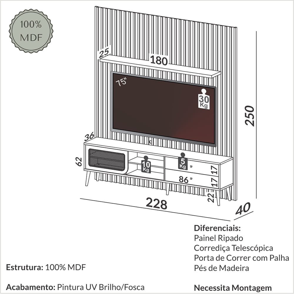 Kit Rack com Painel Ripado para TV 228cm com 01 porta com tela Palhinha  TB323 Dalla Costa-Freijó - 3