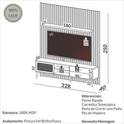 Kit Rack com Painel Ripado para TV 228cm com 01 porta com tela Palhinha  TB323 Dalla Costa-Freijó - 3