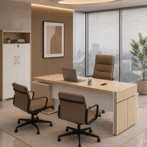 Conjunto 2 Peças Escritório Completo 1 Mesa em L Diretoria Tampo Tamburato Branco/Carvalho Artany