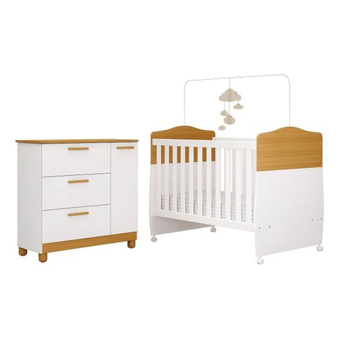 Jogo de Quarto Infanti Cômoda e Berço Jujuba Nature Branco