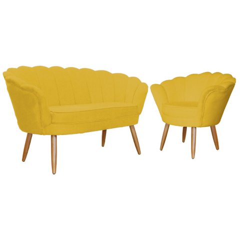 Kit Namoradeira + 1 Poltrona Decorativa Pétala Couro Amarelo Pés Madeira Mz Decor