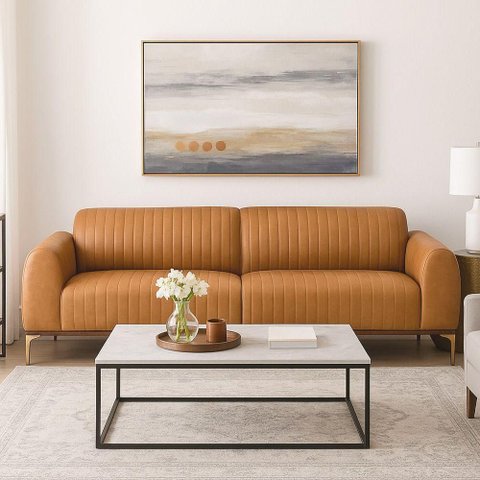 Sofá Cocie 3 Lugares 210cm Caramelo Corino Estrutura Madeira Acabamento Moderno Sallar Home