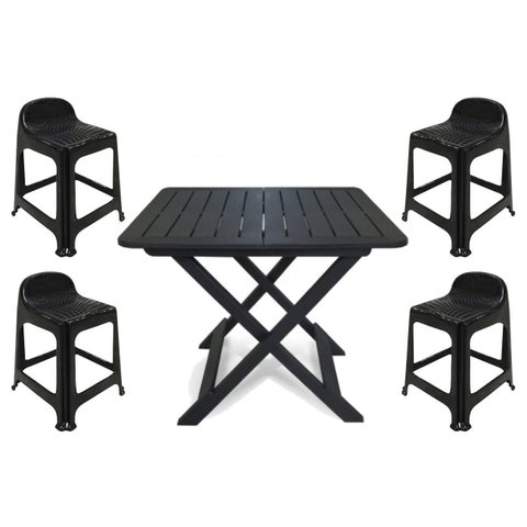 Mesa Quadrada Dobrável 80x72cm Preta + 4 Banquetas com Encosto