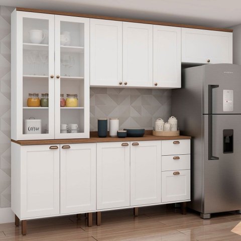 Cozinha Completa Iluminata 10 Portas 3 Gavetas 100% MDF com Vidro Branco/Ébano - Genialflex