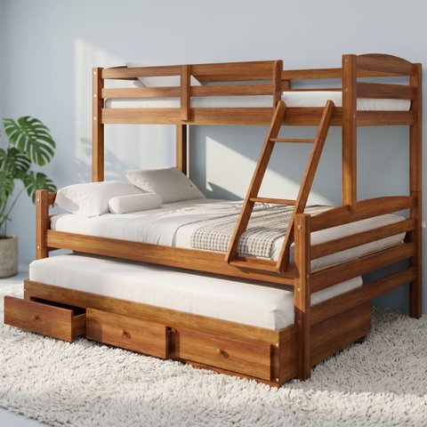 Cama Treliche Casal Solteiro Madeira Maciça 3 Gavetas:Castanho Claro