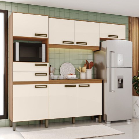 Cozinha Compacta 4 Peças com Aéreo para Geladeira Zoey Casa 812 7 Portas 2 Gavetas