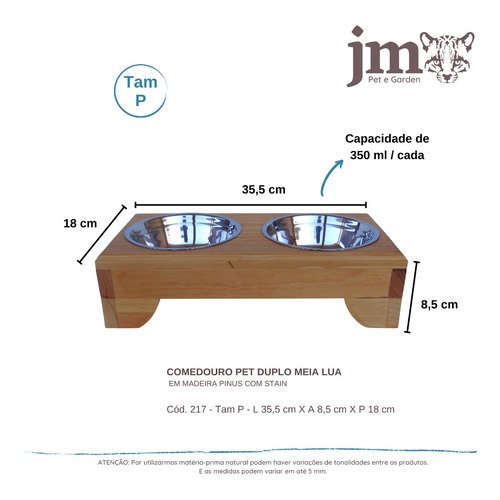 Comedouro Pet Elevado Duplo P - Potes Inox Madeira Meia Lua - 3