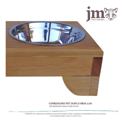 Comedouro Pet Elevado Duplo P - Potes Inox Madeira Meia Lua - 4