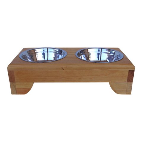 Comedouro Pet Elevado Duplo P - Potes Inox Madeira Meia Lua