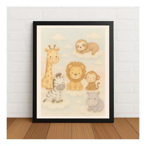 Quadro Decorativo Animais Fofos Safári Infantil com Vidro