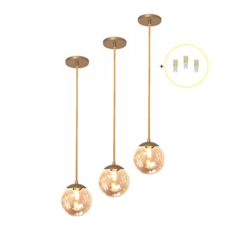 Kit 3 Pendente Dourado Quarto Cabeceira de Cama Bancada +Led Arevo Iluminação Jabuticaba VIDRO TRANS