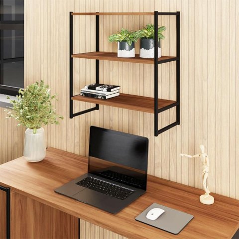 Nicho Aéreo Industrial 63cm X 66cm 3 Prateleiras F5 Office Cor:nogal com Preto