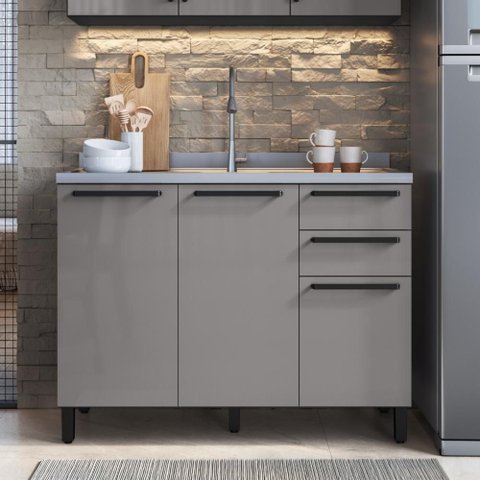 Balcão Modulado para Cozinha sem Tampo Fidelitá Mônaco 120cm 2 Portas 3 Gavetas Chumbo/Titânio