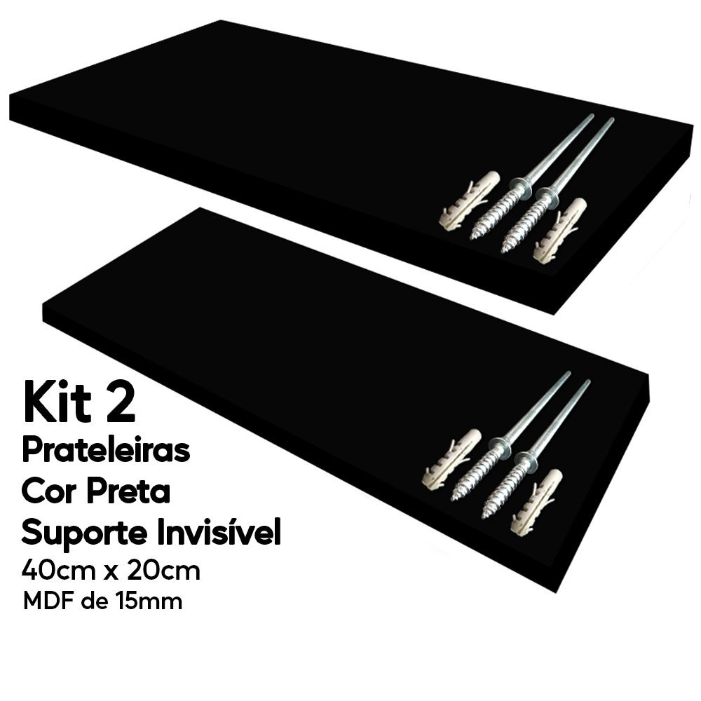 Kit 2 Prateleira MDF Preto 40x20 Suporte Invisível Arte na Arte Prateleira Suporte invisível - 2