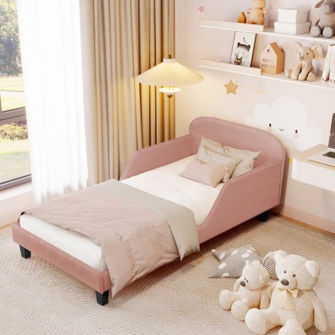 Cama Infantil Estofada Rosê Solteiro com Encosto Lateral Design Seguro e Confortável