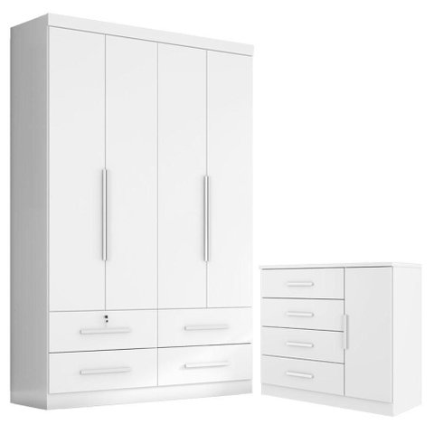 Guarda Roupa Solteiro Maximus Plus 4 Portas com Cômoda Sapateira Genova Plus Branco-Zanzini