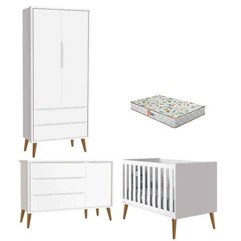 Quarto de Bebê 2 Portas Theo Branco Pés Amadeirados com Colchão Gazin – Reller