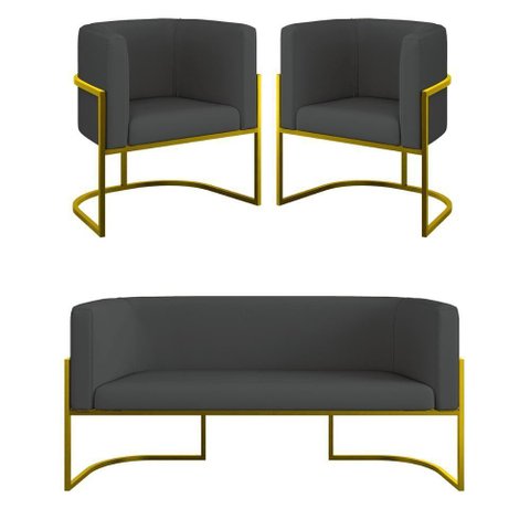 Kit Sofá 2 Lugares + 2 Poltronas Corino Gold Cinza