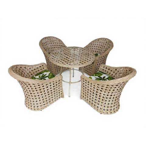 Conjunto 4 Cadeira e Mesa para Jardim Varanda Área Externa Fibra Sintética Tratamento Uv Cor Palha