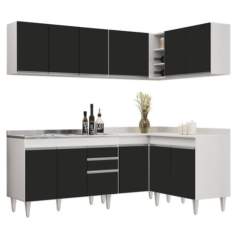 Armário de Cozinha Modulado de Canto 6 Peças Cp30 com Pia Inox Branco/preto - Lumil Lumil Móveis