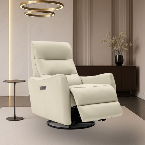 Poltrona do Papai Reclinável Sala de Estar Plaza Usb e Usb-c Gira Balança Couro Bege G40 - Gran Belo