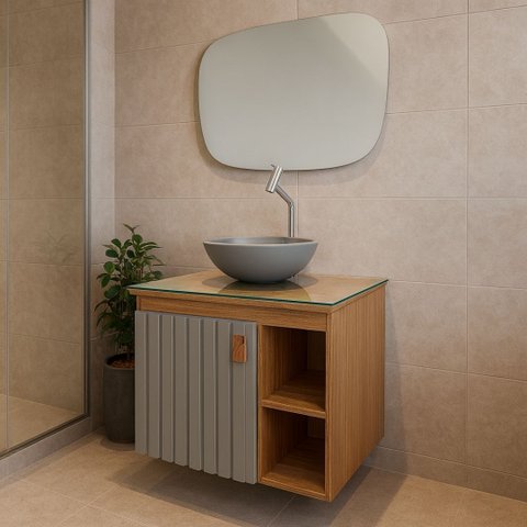 Conjunto Gabinete de Banheiro 60cm MDF Espelho 60cm Cuba:Madeirado/Cinza