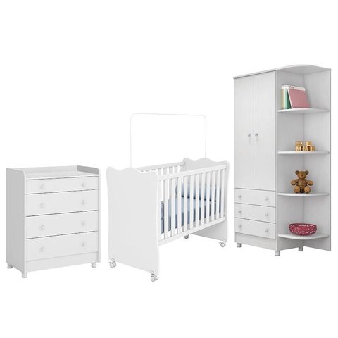 Dormitório Infantil Doce Sonho 2 Portas, Cômoda Trocador e Berço Branco com Rodízio - Qmovi