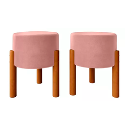 Kit 2 Puffs Decorativo Redondo Pés Madeira Rosa - 1