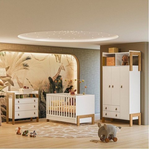 Quarto para Bebê Completo com Guarda-Roupa, Berço e Cômoda Fantasia Branco/Acetinado