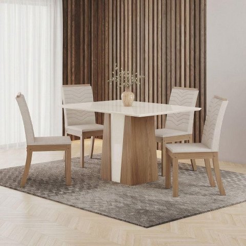 Conjunto Sala de Jantar Layla Smart 4 Lugares Tampo MDF Cadeiras Estofadas Off White 120cm Casa 812