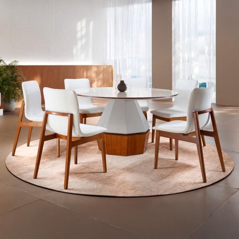 Conjunto de Sala 6 Cadeiras e Mesa Esmeralda 1,50m - Madeira Maciça Base em Formato de Diamante - T