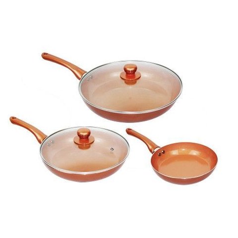 Super Jogo 3 Frigideiras e 2 Tampas de Vidro Titanium Cobre Duplo Antiaderente