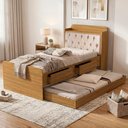 Ver imagem 2 de Bicama Solteiro Capitone 220x98 Cm com Bau e Cama Auxiliar Mdf Nature Bege Decmade