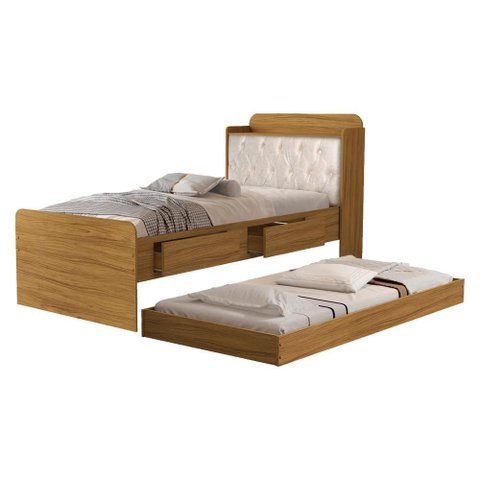 Bicama Solteiro Capitone 220x98 Cm com Bau e Cama Auxiliar Mdf Nature Bege Decmade