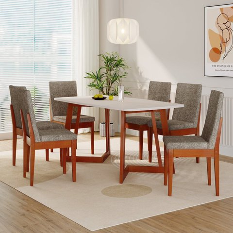 Conjunto Sala de Jantar Califórnia 6 Lugares Retangular Madeira Maciça Dakota Marrom/Caramelo/Café/Off White