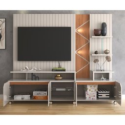 Rack Home Cross Frisado Lukaliam Móveis 2,10m Off White Perolizado com Jequitiba - 2