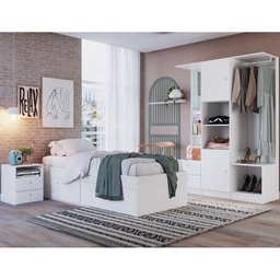 Kit Quarto Juvenil C/ Cama, Guarda Roupa e Mesas de Cabeceira Branco Cj063 Art In Móveis - 1