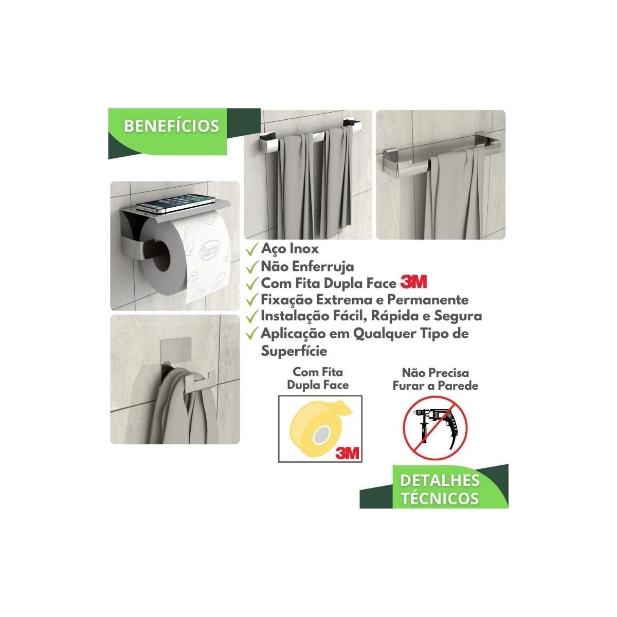 Kit de Acessórios para Banheiro 4 Peças Adesivo Inox F.elg - 6