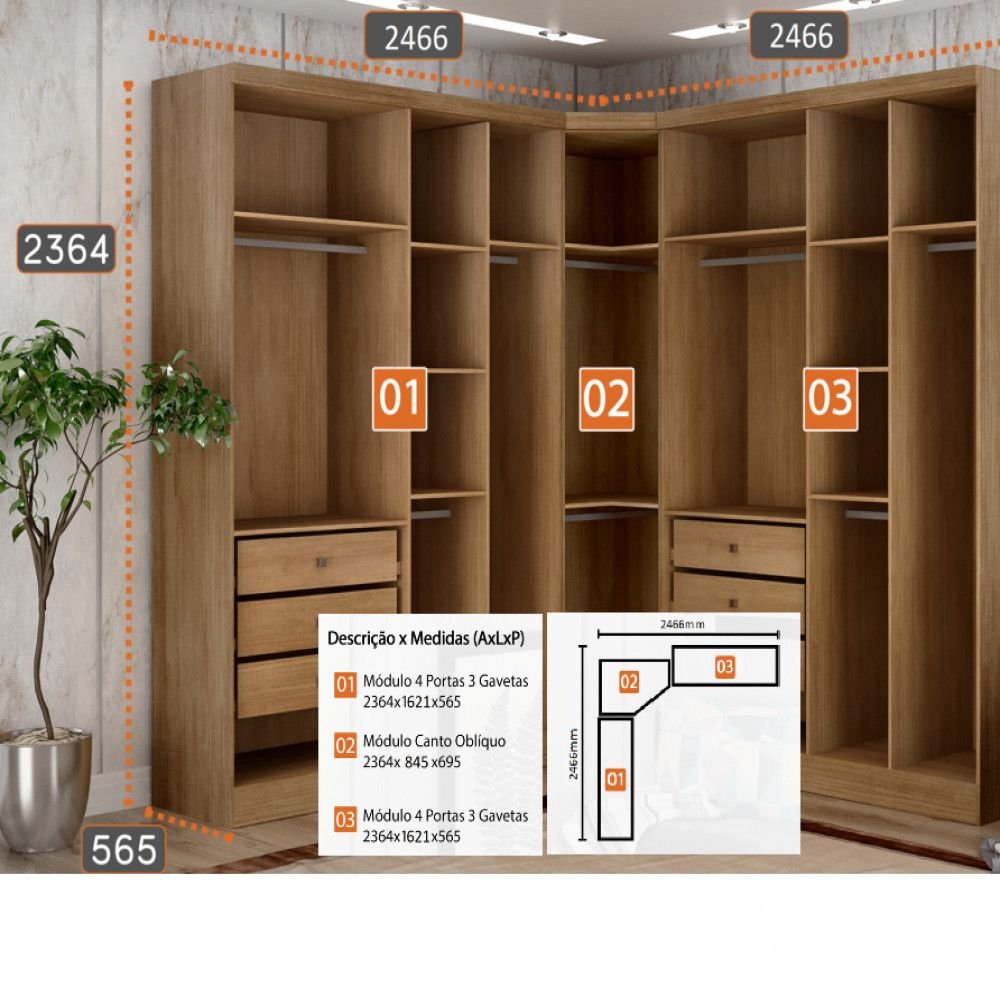 Closet Modulado Safira 001 Clic Moveis | MadeiraMadeira