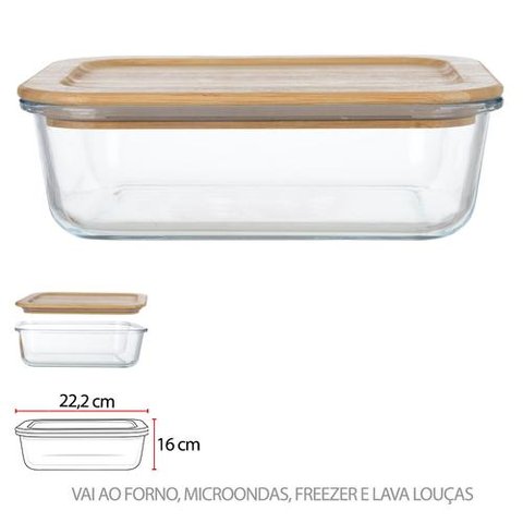 Pote Hermetico Vidro Boro 1500ml Tampa de Bambu Retangular